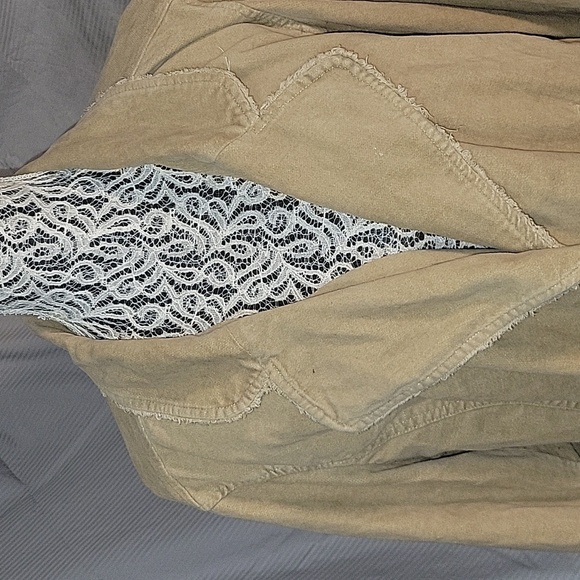 Khaki Jacket Frayed Edges Gold Accents Casual Chic Neutral Tones - Picture 2 of 7